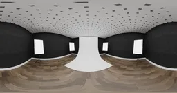 Curved dark studio interior HDRI with smooth lighting, wooden floors, and ceiling panels for 3D scene illumination.