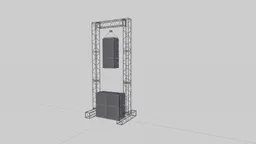 Detailed 3D rendering of a line array speaker system in Blender with subwoofer and truss structure.