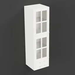 Highly detailed white 3D-rendered storage cabinet for Blender, with glass doors and drawers.