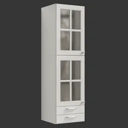Highly detailed white 3D-rendered storage cabinet for Blender, with glass doors and drawers.