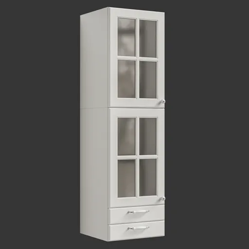 Highly detailed white 3D-rendered storage cabinet for Blender, with glass doors and drawers.