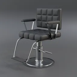 "Modern black and chrome barber chair 3D model for Blender 3D with foot rest and foot pump. Perfect for furniture and hairstyle scenarios. Leather upholstery and rubber base included."