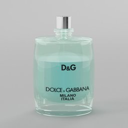 "3D model of a Dolce & Gabbana perfume bottle with blue glass and chrome cap. Realistic render with manly design viewed in profile and smoke grenades on a gray surface. Created with Blender 3D software."