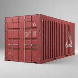 Red low-poly 3D model of an industrial shipping container with detailed textures suitable for Blender rendering.