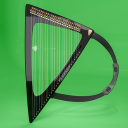 "Salvi Electric Harp X Delta, a portable electric harp with semitone keys and carrying strap, rendered on a green background. Great for Blender 3D users interested in instruments category and symmetrical design."
