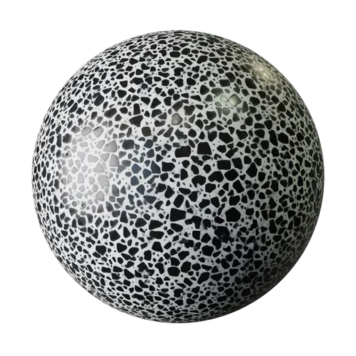 High-contrast black and white terrazzo floor texture for PBR rendering in Blender 3D and other 3D applications.