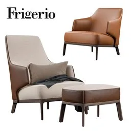 Detailed 3D model render of a premium armchair and footstool in Blender format, showcasing elegant design and leather texture.