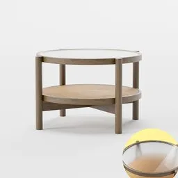 3D-rendered retro-style wooden coffee table with a transparent glass top for Blender modeling.