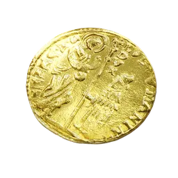"Gold coin from Venice museum collection with a woman on it, modeled in Blender 3D. Inspired by Július Jakoby, this ancient coin features intricate details and yellow lighting from the right."