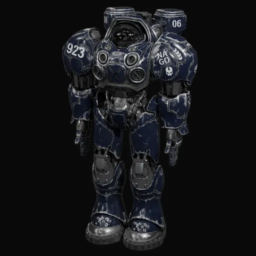 Detailed 3D model of a futuristic armored soldier with deployable artillery, designed for use in Blender.