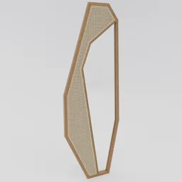 "Handcrafted wooden mirror with geometric design by designer Manu Reyes, rendered product image featuring side profile and standing in front of a mirror. 3D model created with Blender 3D."