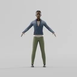 "Close-up of full-body 3D model "David" for Blender 3D, featuring an African American girl wearing a jacket and green pants. Highly detailed with cloth simulation, inspired by various sources including Miles Morales and Carol Bove."