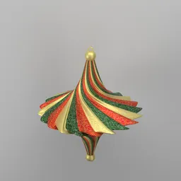 Intricately designed Blender 3D model of a festive, teardrop-shaped Christmas tree ornament with textured stripes.