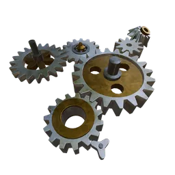 "Create customizable gear systems with the Procedural Gear System 3D model for Blender, available on Gumroad and Blender Market. This AI-generated steampunk concept features three gears connected on a black background, with untextured camouflaged gears and a golden key. Perfect for game design or scrap metal themed projects with a toon-shaded finish."