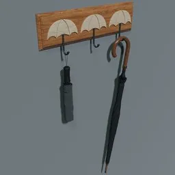 "3D model of an umbrella hanger with wooden rack and hooks for rain gear, designed using Blender 3D software. Simple and detailed design, perfect for hanging umbrellas. Ideal for home or office decor. "