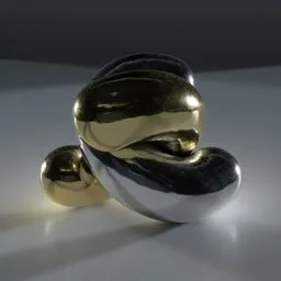 "Geometric metal sculpture in gold and black color scheme, inspired by Henry Moore and rendered in Blender 3D. Shiny balls sit on a white surface, with glossy reflections adding to the satisfying render. Created by Edward Ben Avram and Huang Ding."
