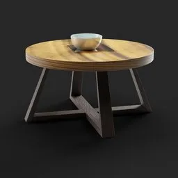 "Cross Feet Center Table" in teak wood finish, ideal for versatile use, rendered with edge-to-edge print and RTX technology, created in Blender 3D. A simple and elegant addition for any modern space.