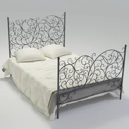 Low-poly 3D model of an elegant bed with ornate headboard, suitable for game engines and VR.