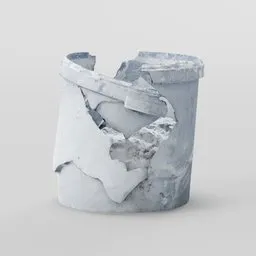 "Discover a photorealistic 3D model of a broken bucket with dried plaster, perfect for Blender 3D. This industrial container adds a unique touch to your projects. Find it in the BlenderKit collection and bring life to your scenes with this high-quality asset."