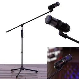 Detailed 3D model of a professional podcast microphone with stand for Blender 3D artists.