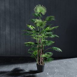 "Highly realistic 3D model of an artificial palm, designed for use in Blender 3D. Perfect for adding a touch of nature to your indoor scenes. Customize and arrange the linked leaf copies in a flowerpot of your choice."