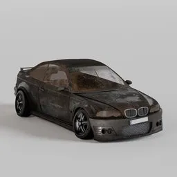 Realistic damaged car 3D model with detailed textures and battle scars, perfect for Blender 3D projects, emphasizing wear and tear.