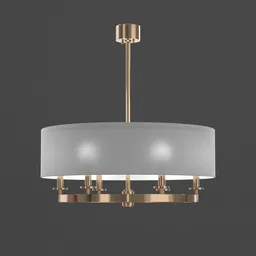 "Durham Pendant Light by Hudson Valley, a 3D model in Blender 3D, features a soft off-white linen drum shade and intricate metal detailing in two finishes. The close-up shot highlights the brass wheels and detailed renderings, inspired by Juliette Wytsman's artwork. Perfect for ceiling lighting in a modern or traditional style."