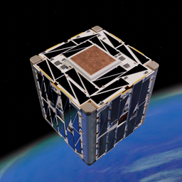 Detailed Blender 3D model of a cubic satellite with intricate design and solar panels against a space backdrop.