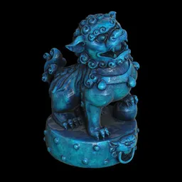 "Explore the captivating Chinese Porcelain Lion 3D model in bronze material, featuring an ancient symbol and lion's gate. This sculpture in teal palette adds a touch of fantasy to any game or artistic project, ideal for streaming on Twitch or use as an avatar image."