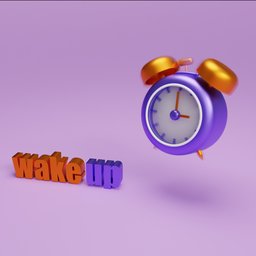 3D model of an animated alarm clock with 'wake up' text, purple background, for Blender renderings.