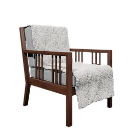 3D model of a cozy wooden reading chair with cushion and blanket, suitable for Blender rendering.