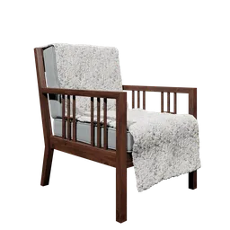 "3D model of a Scandinavian style Wooden Chair for reading with detailed wood, featuring a cozy blanket on the seat. Created in Blender 3D software, this chair renders beautifully in Lumion, designed in the style of Sheng Maoye and Aenami Alena. Perfect for adding warmth and style to your virtual interiors."