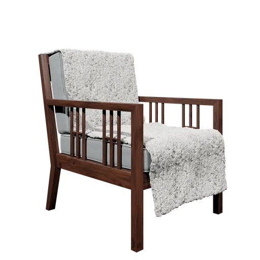 3D model of a cozy wooden reading chair with cushion and blanket, suitable for Blender rendering.