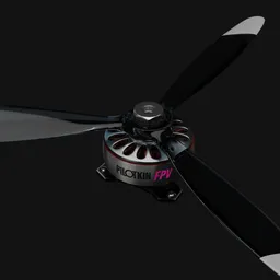 Highly detailed Blender 3D model of an FPV drone brushless motor with black propellers on a dark backdrop.