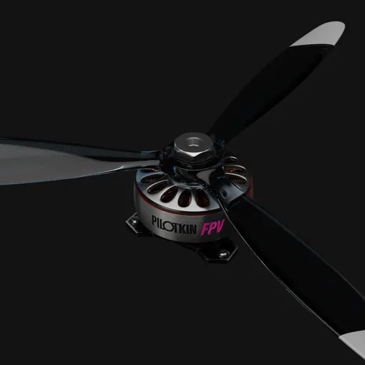 Highly detailed Blender 3D model of an FPV drone brushless motor with black propellers on a dark backdrop.