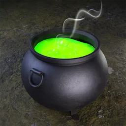 Realistic 3D model of a black cauldron with bubbling green potion and steam, perfect for Blender 3D projects.