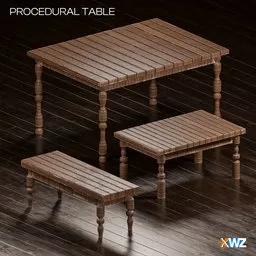 "Procedural wooden table and bench on a wooden floor, made with Blender geometry nodes and shader nodes. Enhanced quality by Rajesh Soni, inspired by Wang Meng's Oz series. Perfect for Blender 3D modeling and design projects."