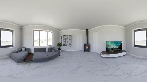 360° HDRI of a cozy living room with a couch, fireplace, and modern decor for realistic lighting in renders.