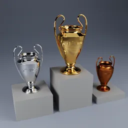 Detailed 3D render of three trophy cups in gold, silver, and bronze on pedestals for Blender modeling.