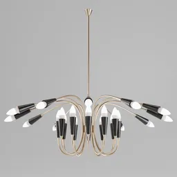 "Get inspired by the ARETHA suspension light, a stunning ceiling-light 3D model crafted with Blender 3D software. This modern chandelier features a multitude of lights and a sleek design, perfect for accent lighting in any space. The unique blend of materials, including Peugot Onyx, ivory and black marble, creates a luminous and theatrical atmosphere reminiscent of Fendi and Saatchi Art styling."
