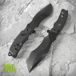 Lowpoly tactical survival knife 3D model, textured for realism, perfect for Blender 3D projects, game asset with 2K maps, UV mapped.