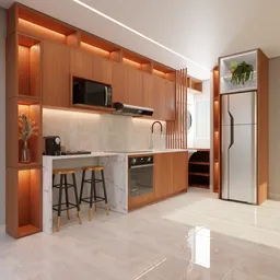 3D modeled compact kitchen scene with elongated counter, wooden cabinets, and modern appliances.