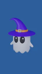 3D cartoon ghost model with a whimsical expression sporting a vibrant purple witch hat, designed for Blender rendering.