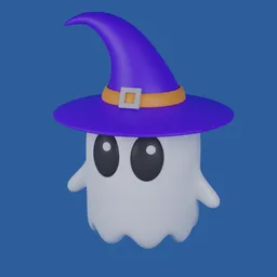 Alt text: "3D model of a spooky ghost wearing a purple witch's hat created for Blender 3D. Designed with physically based rendering and perfect for Halloween-themed game development. Created by Mac Conner with minimalist yet pastel simple art aesthetic."