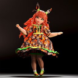3D Stylized Pumpkin-themed girl model in Halloween attire, available for animation and Blender compatible.