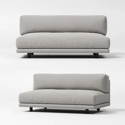 "Sunday Armless Sofa - Detailed Modern 3D Model for Blender 3D Interior Visualizations. Featuring a solid gray design on a textured base, this product render showcases a couch and chair set with correct proportions and no additional legs. Ideal for store websites, Twinmotion renders, and various viewing angles including top and side views. Find the perfect sofa for your Blender 3D projects."