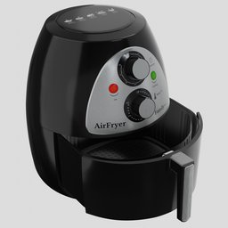 "Black AirFryer with Interior for Blender 3D: Professional render of a brand new household appliance, featuring a black airfryer with a red button and bread slots. Full body armor with fair olive skin sitting on a man's fingertip. Perfect for 3D modeling projects."