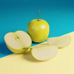 Realistic 3D model of a whole green apple with sliced sections, suitable for Blender rendering.