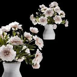 Detailed 3D rendering of light pink peonies in a white vase, ideal for Blender 3D decoration projects.