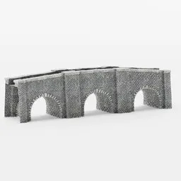 "Low-poly Medieval/Fantasy game asset, handmade cobblestone bridge model for Blender 3D. Features rounded architecture, stone walls, and aqueduct arches. Created by Nicolas Froment, ideal for urban street scenes."
